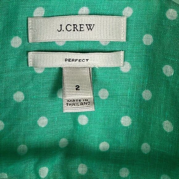 J Crew Perfect Shirt Size 2 Linen Button Down Polka Dot Green White - Picture 3 of 5